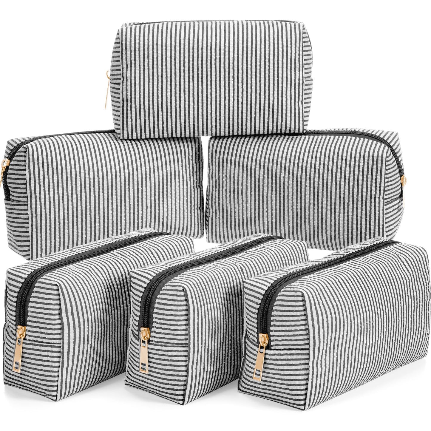 Sanwuta 6 Pcs Seersucker Cosmetic Bags Bulk, Striped Zippered,Khaki