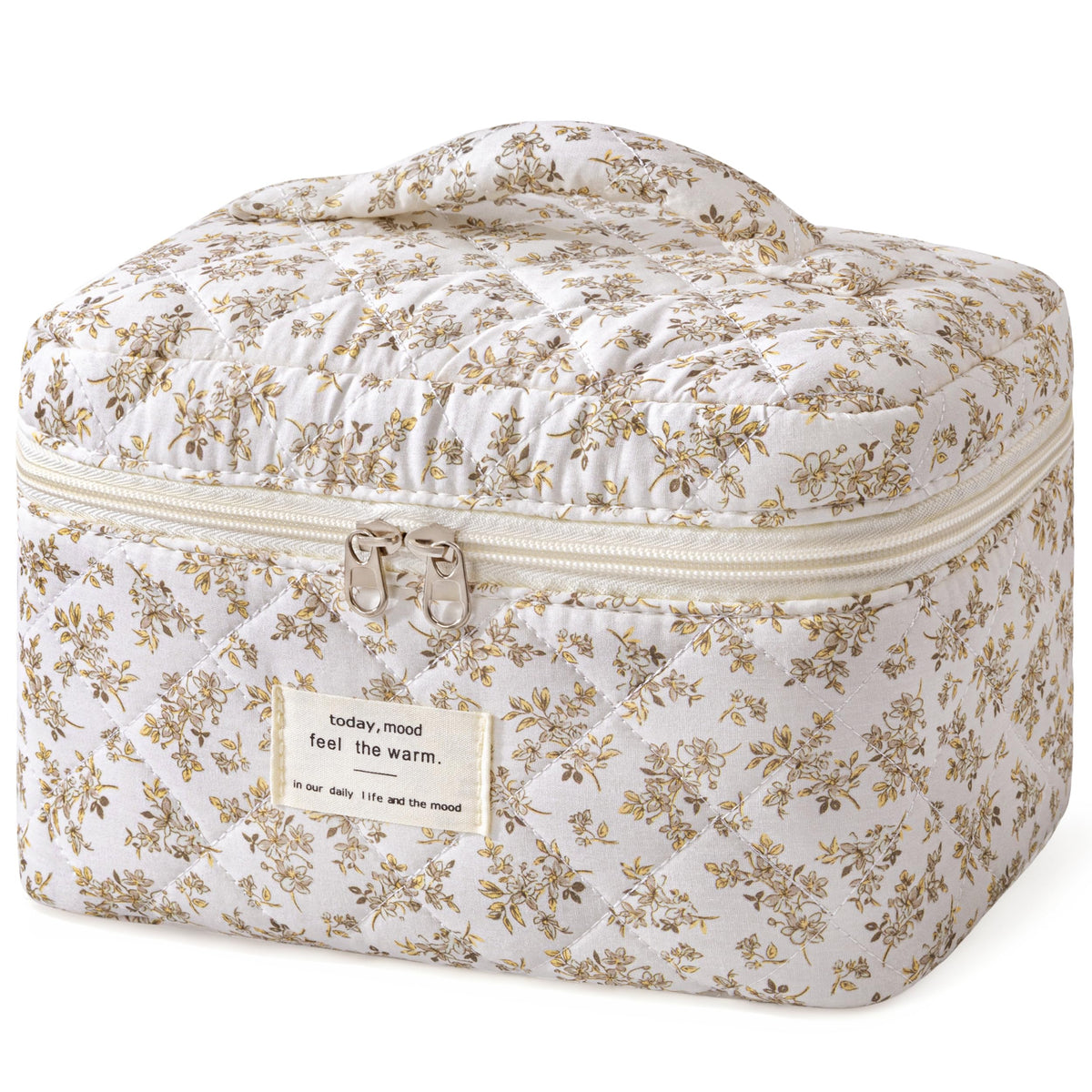 HBselect Large Quilted Makeup Bag for Women Cute Cotton Travel Cosmetic Bag | Floral Coquette Aesthetic Toiletry Organizer Bag with Handle, Portable Multifunctional Makeup Bag, Gifts for Bridesmaids