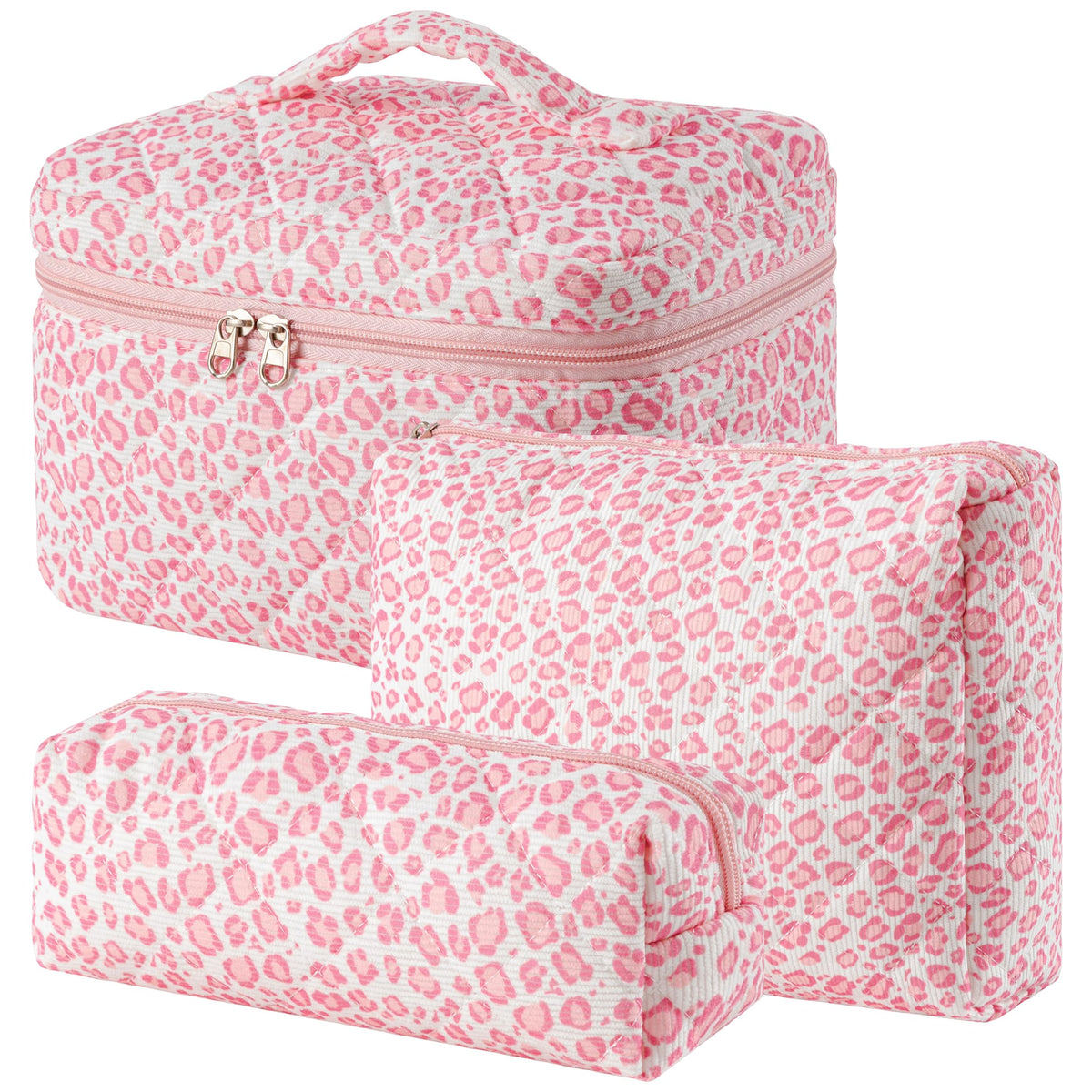HBselect Quilted Makeup Bag, 3Pcs Cotton Large Travel Makeup Bags Organizer