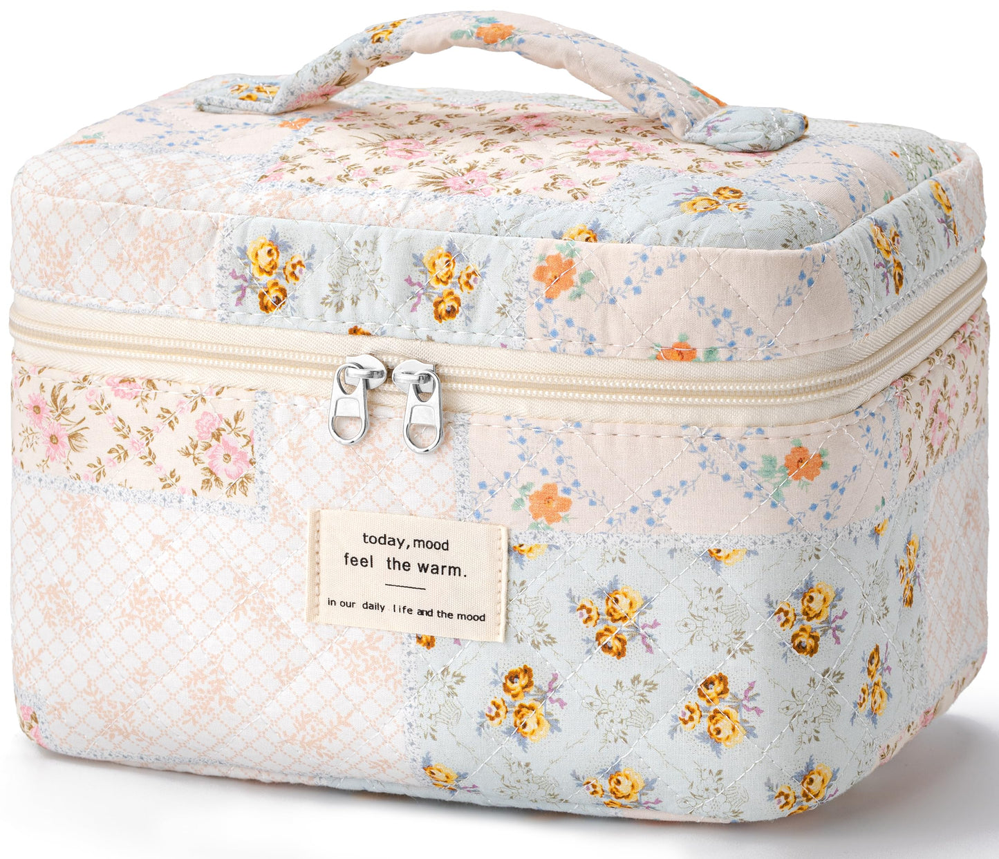 HBselect Large Quilted Makeup Bag for Women Cute Cotton Travel Cosmetic Bag | Floral Coquette Aesthetic Toiletry Organizer Bag with Handle, Portable Multifunctional Makeup Bag, Gifts for Bridesmaids
