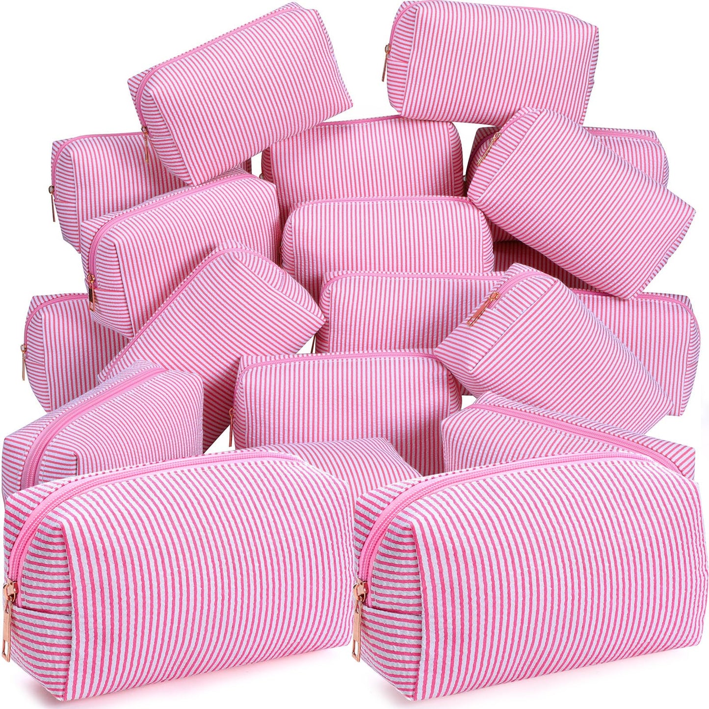 Sanwuta 6 Pcs Seersucker Cosmetic Bags Bulk, Striped Zippered,Khaki