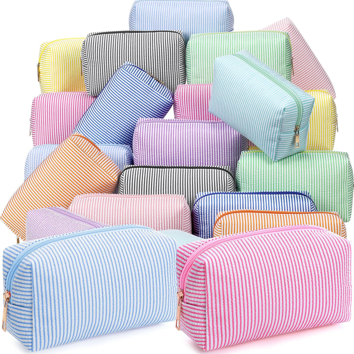 Sanwuta 6 Pcs Seersucker Cosmetic Bags Bulk, Striped Zippered,Khaki