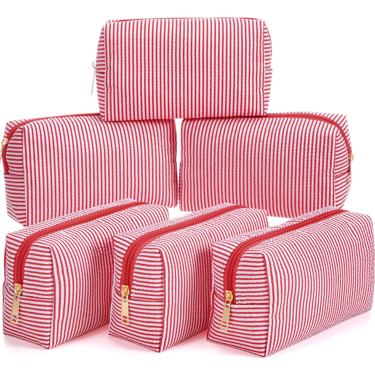 Sanwuta 6 Pcs Seersucker Cosmetic Bags Bulk, Striped Zippered,Khaki