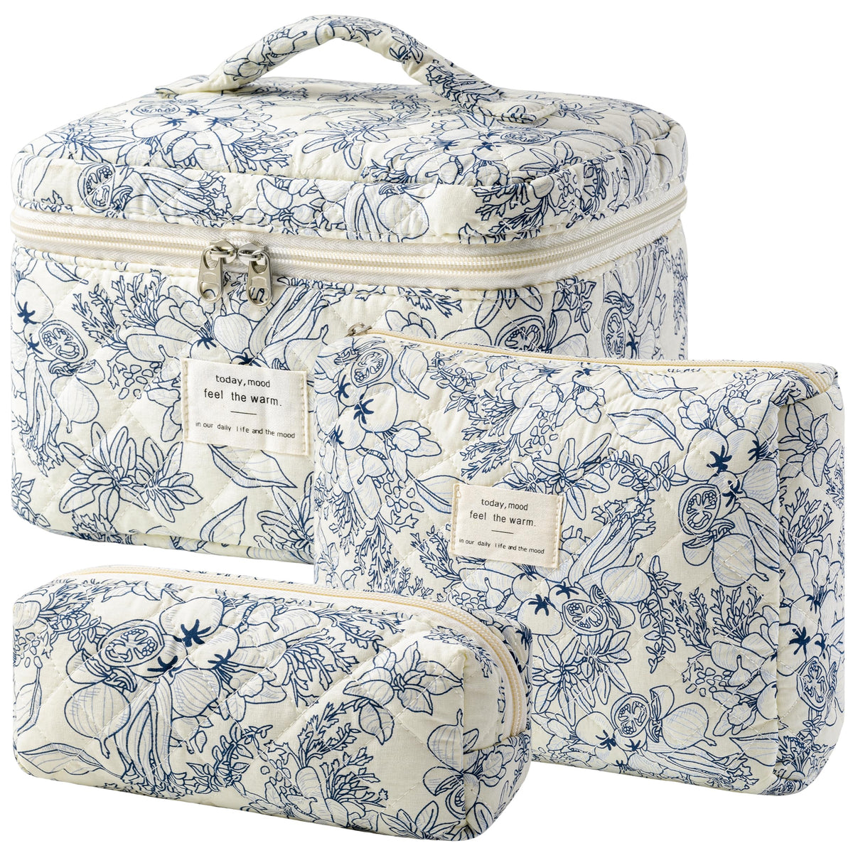 HBselect Quilted Makeup Bag, 3Pcs Cotton Large Travel Makeup Bags Organizer